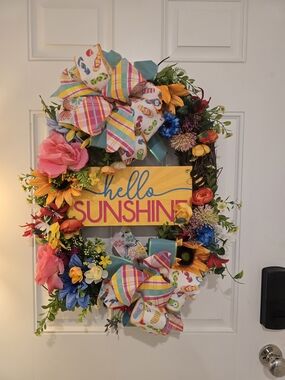 Hello Sunshine Floral Spring Wreath with Rainbow Bows